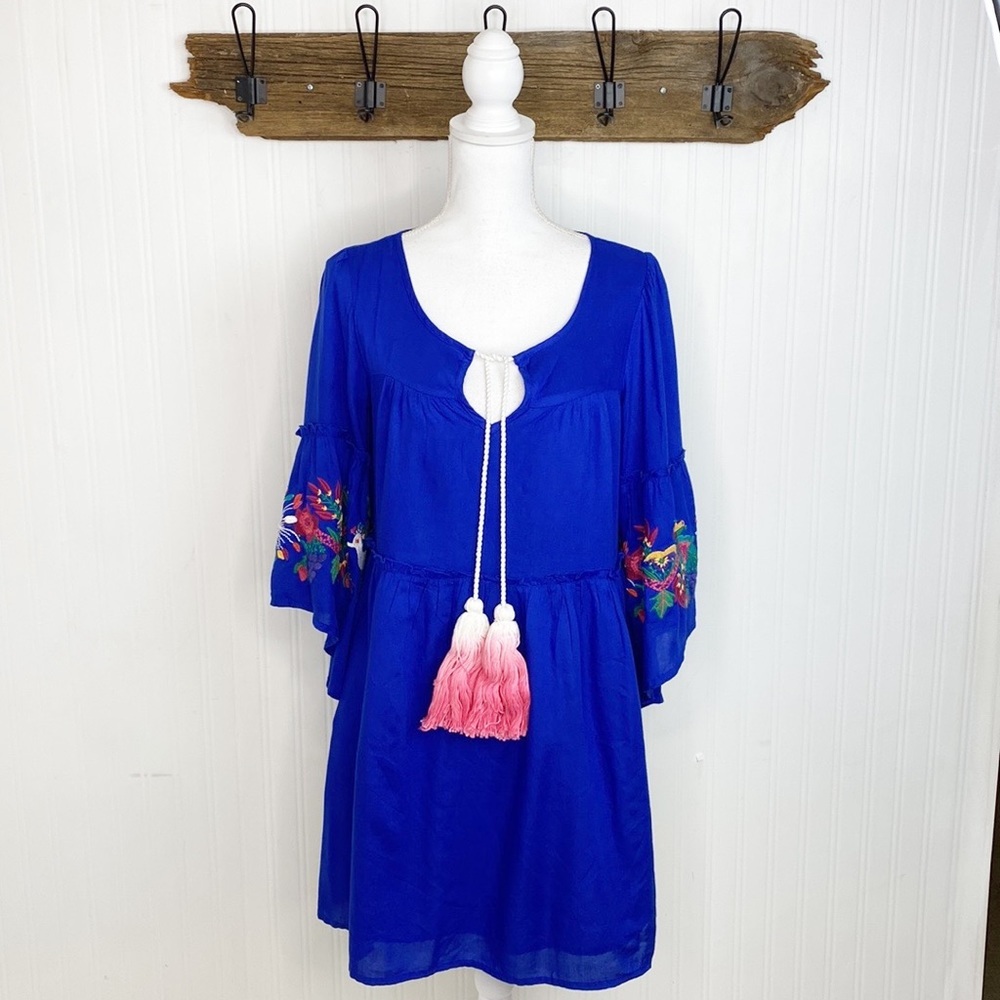 Judith March Embroidered Tunic Dress Flare Bell Sleeve